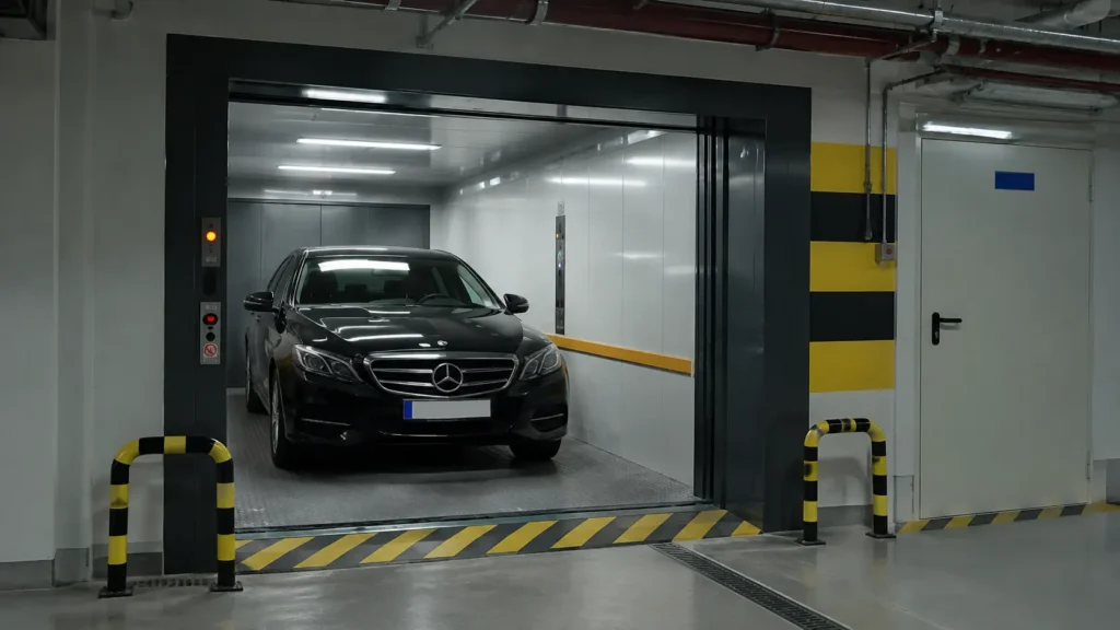 Czarny sedan marki Mercedes stoi na jasno oświetlonej platformie warsztatowej, w świetle otwartego wjazdu oznaczonego żółto-czarnymi pasami ostrzegawczymi; całość sprawia wrażenie miejsca o charakterze przemysłowym i uporządkowanym.